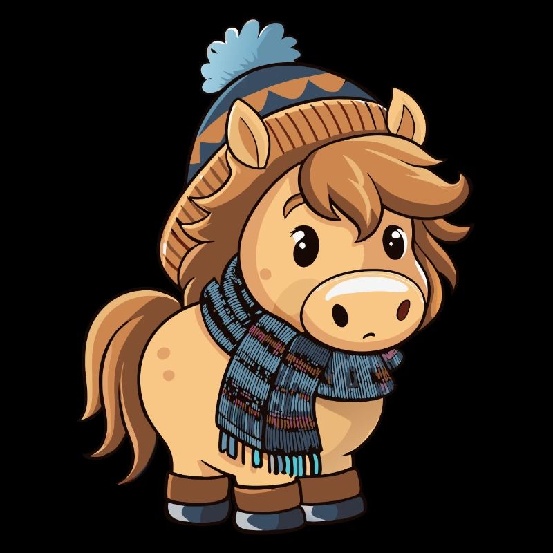 Poney mignon avec écharpe et chapeau à pompon.