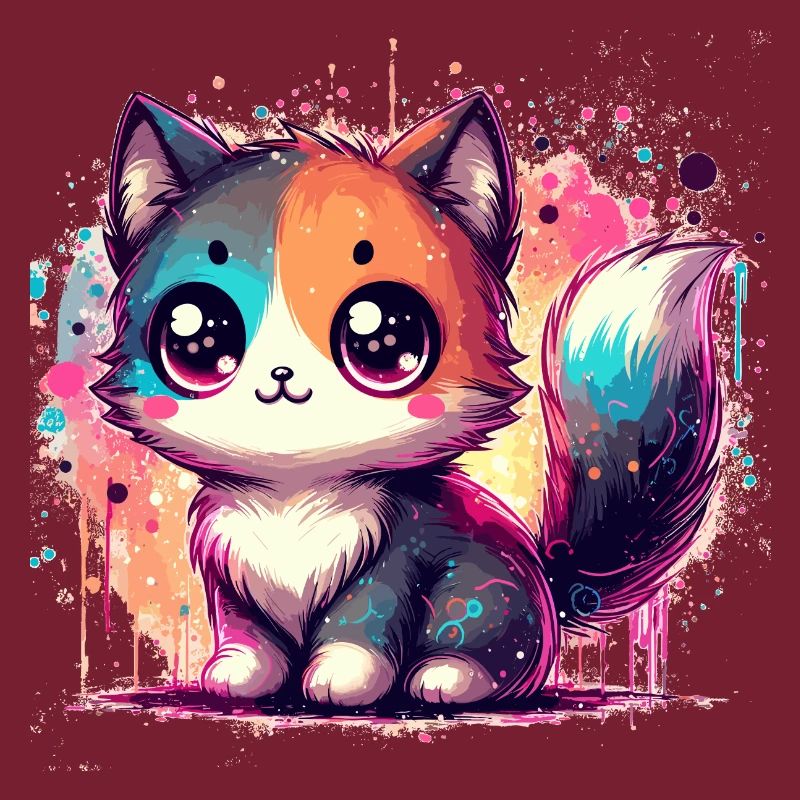 Chibi chat bicolore aquarelle éclaboussure