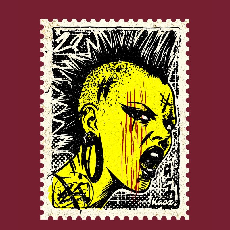 Femme punk sauvage avec mohawk et colère sur timbre-poste