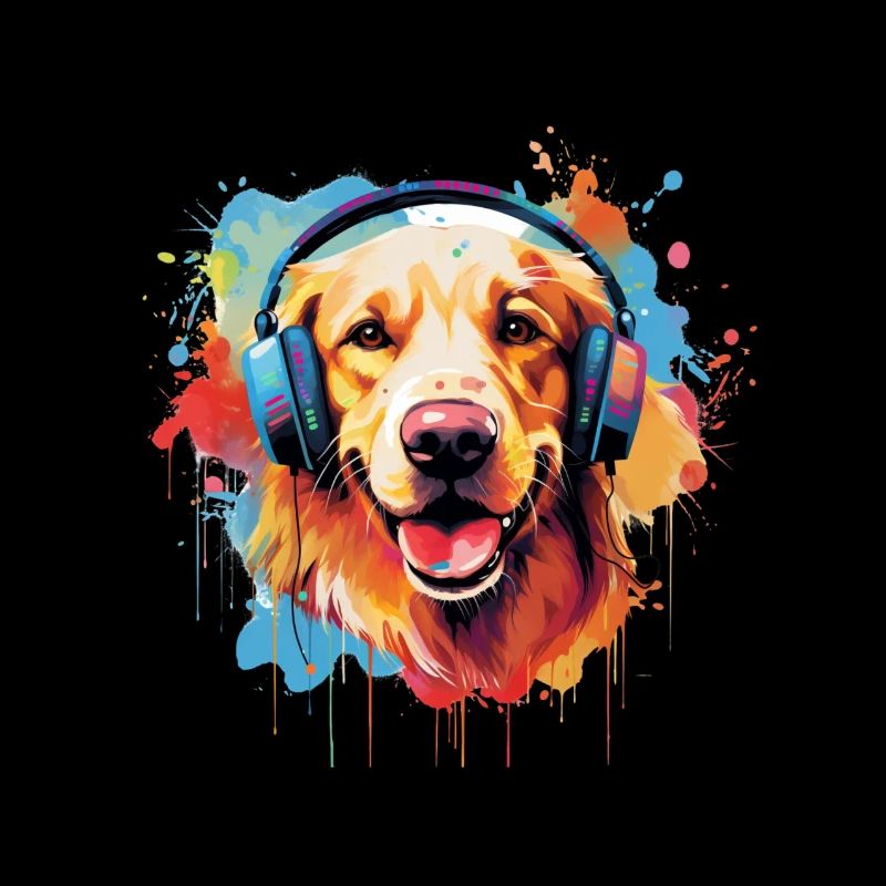 Bunter Golden Retriever mit Kopfhörer