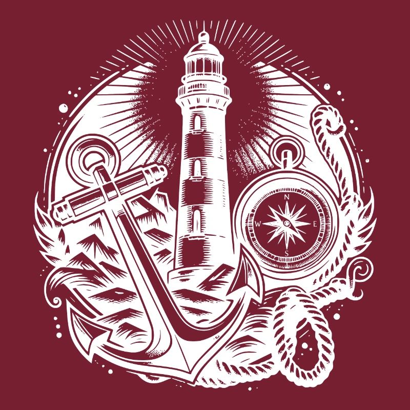 Coastal lighthouse with compass, anchor and light