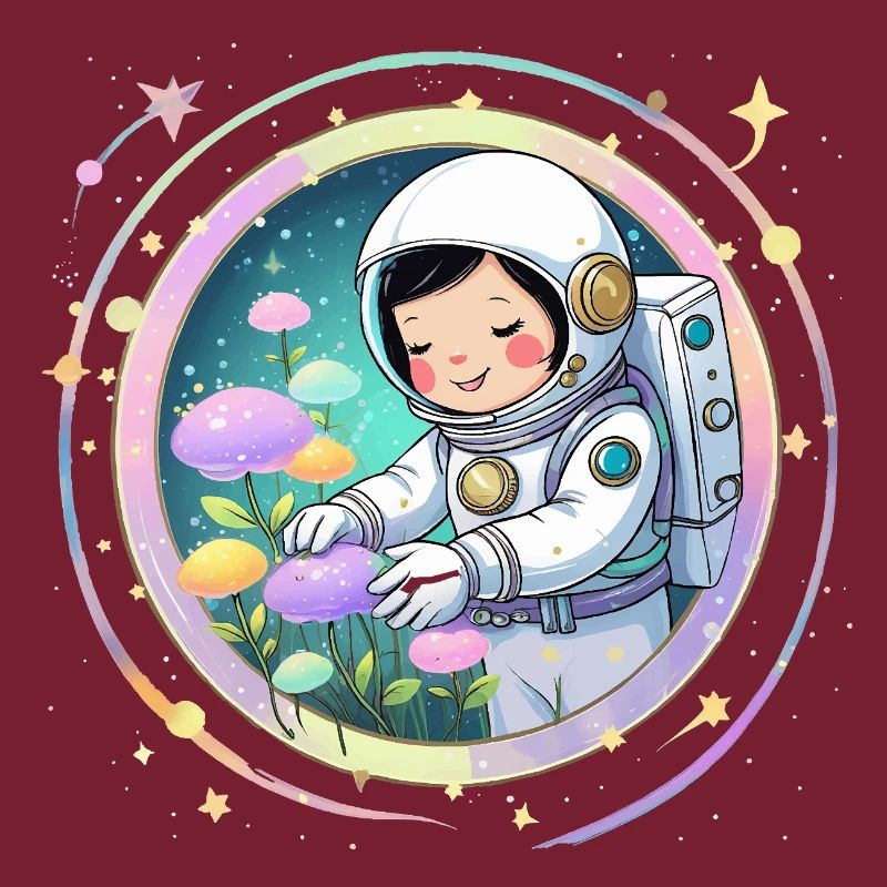 Fille astronaute avec des champignons - Conception spatiale mignonne
