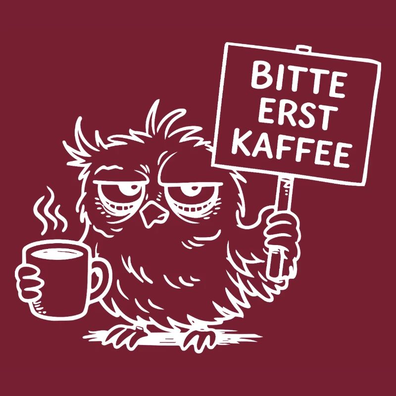 Bitte erst Kaffee – Müde Eule mit Kaffeetasse