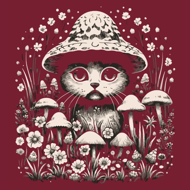 Chat, cottagecore, champignons