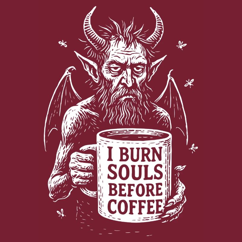 Devil with Coffee Mug I Burn Souls Before Coffee