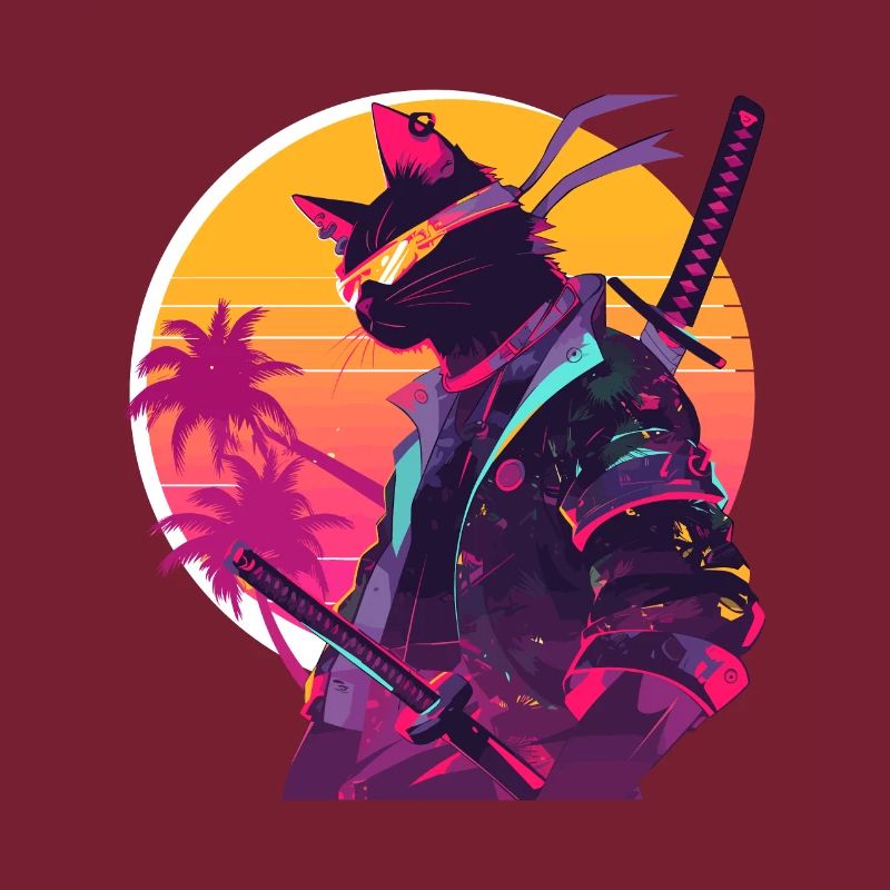 Cat Samurai 80's Vintage Style