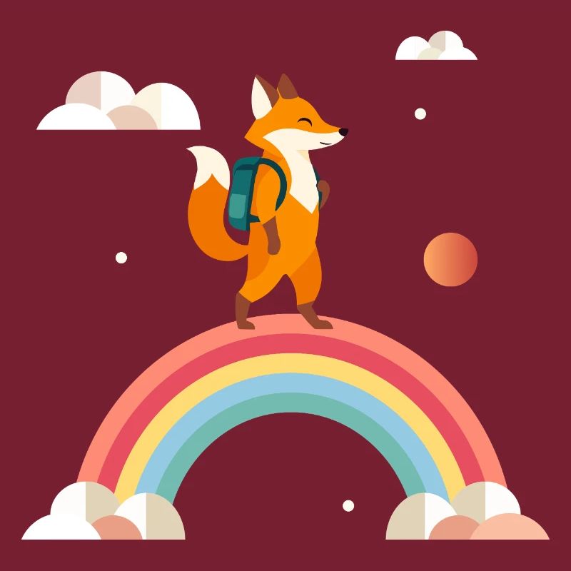 Cheerful fox with backpack on rainbow