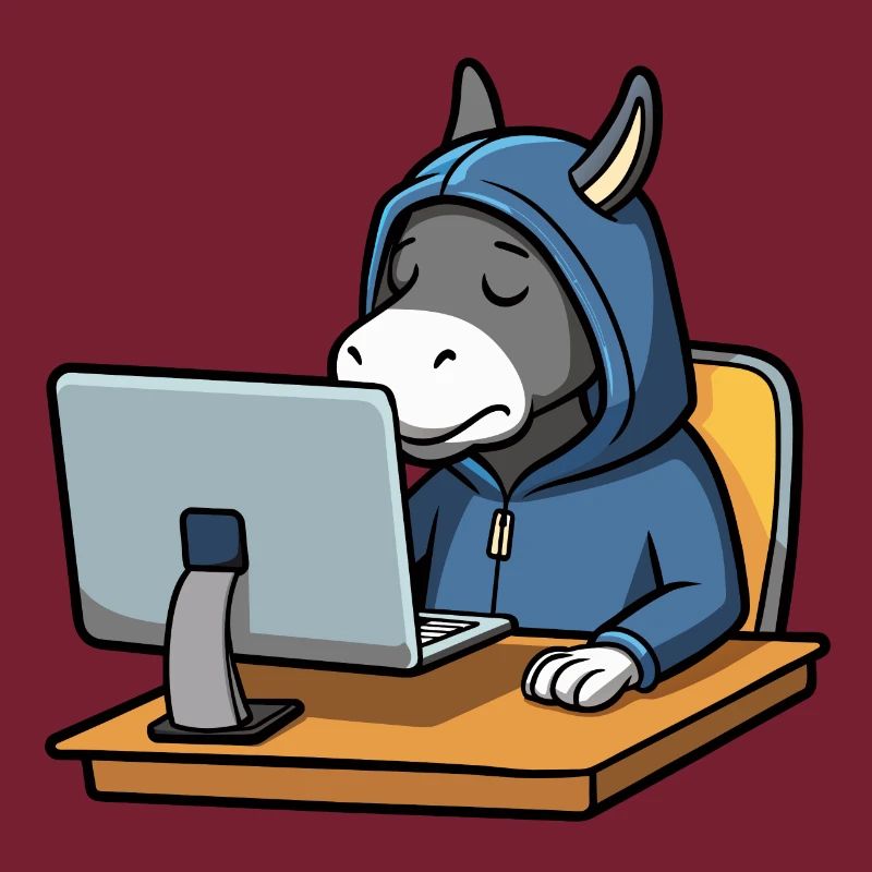 Un mignon âne hacker dort dans un sweat à capuche devant le PC