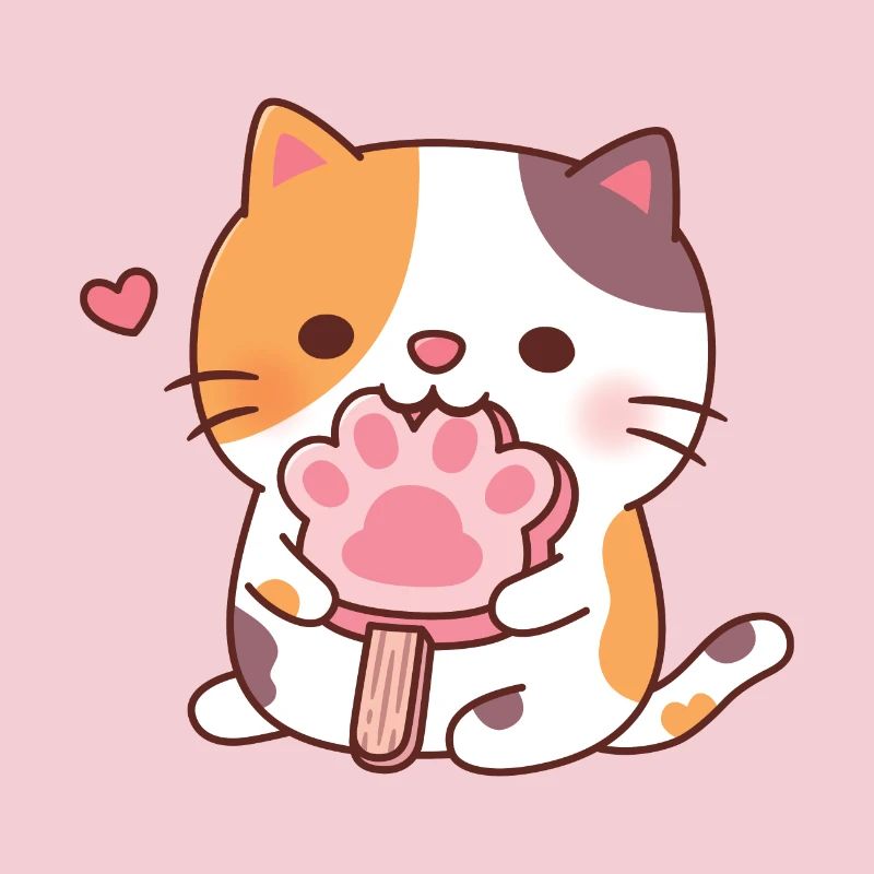 Chat calicot mignon mangeant de la glace à la patte de chat