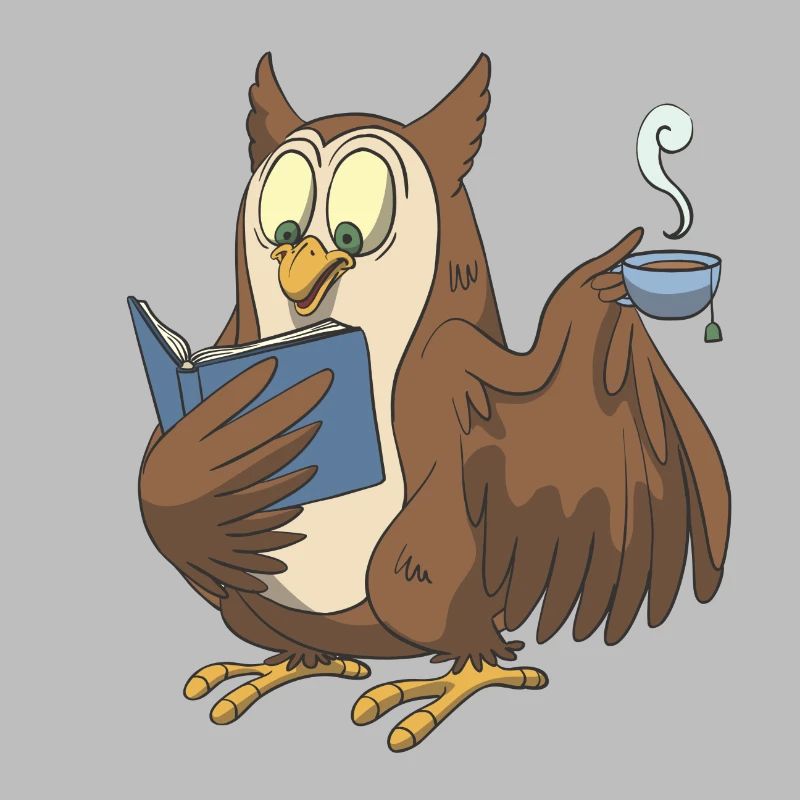 Bücher Eule mit einer Tasse Tee