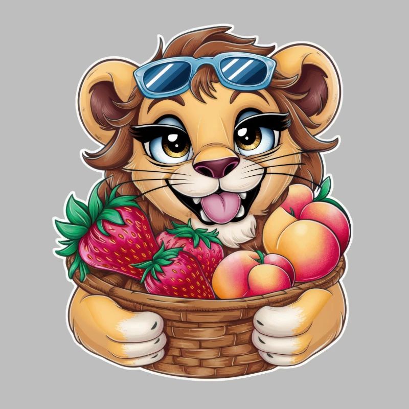 Kawaii Löwe mit Erdbeeren und Pfirsichen