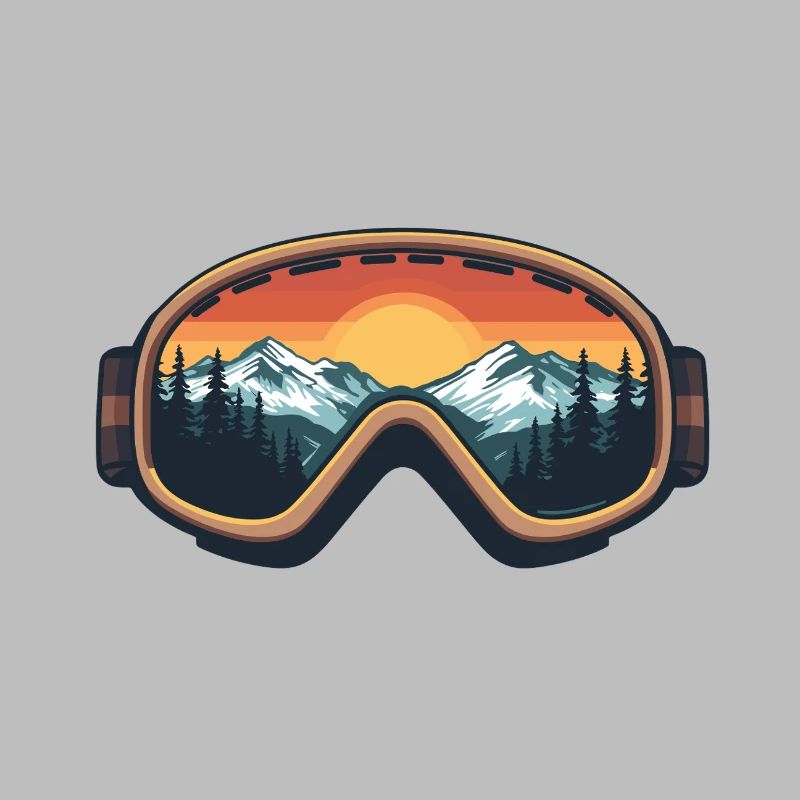 Ski goggles with mountain panorama & sunset