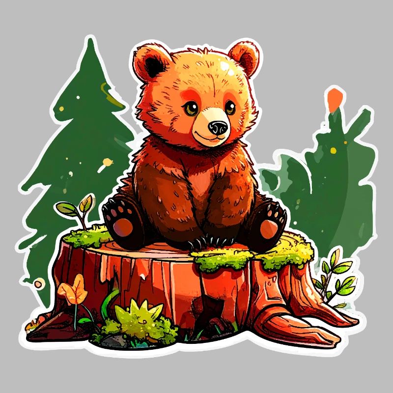 A little bear perched on a tree stump