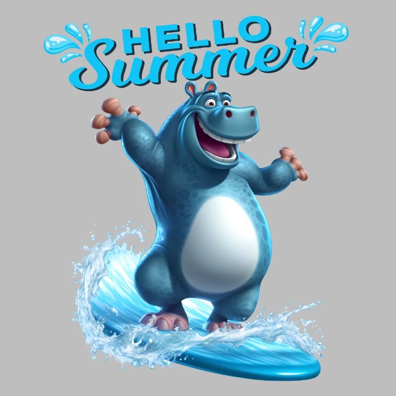 Witziges Nilpferd mit einem Surfbrett - Surfer