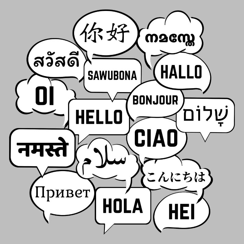 Speech bubbles with "hello" in different languages