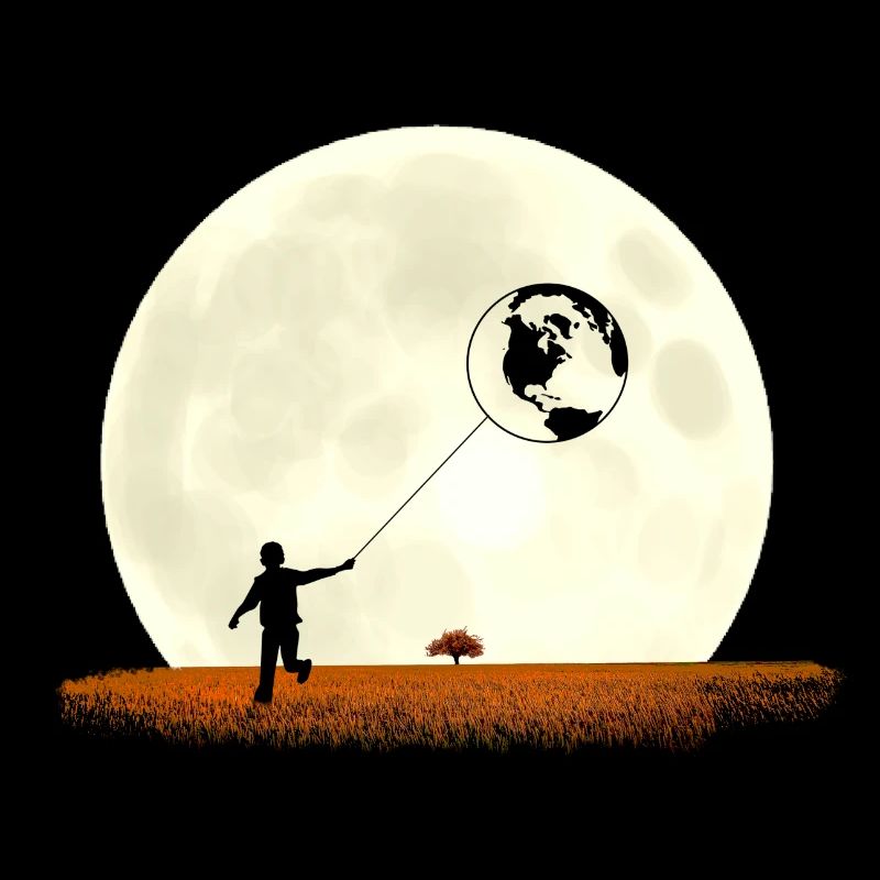 Boy on meadow pulls earth in front of moon