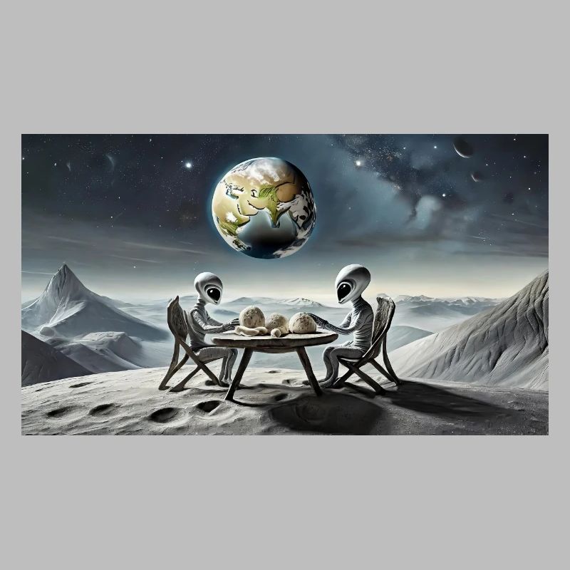 grey alien on the moon surface – eating dinner