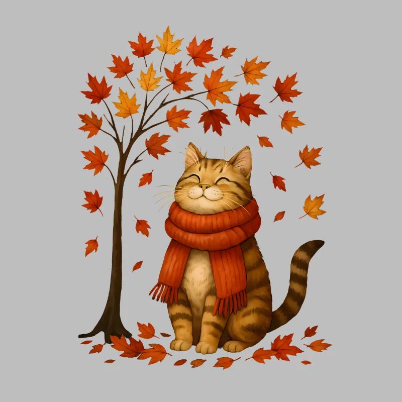 Chat d’automne avec écharpe rouge