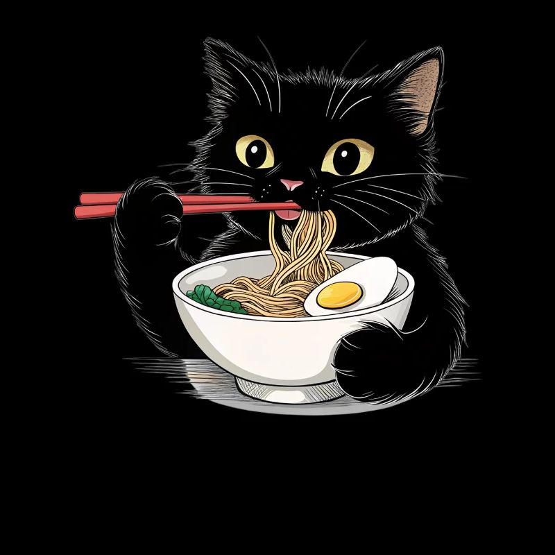 Schwarze Katze isst Ramen Nudeln 