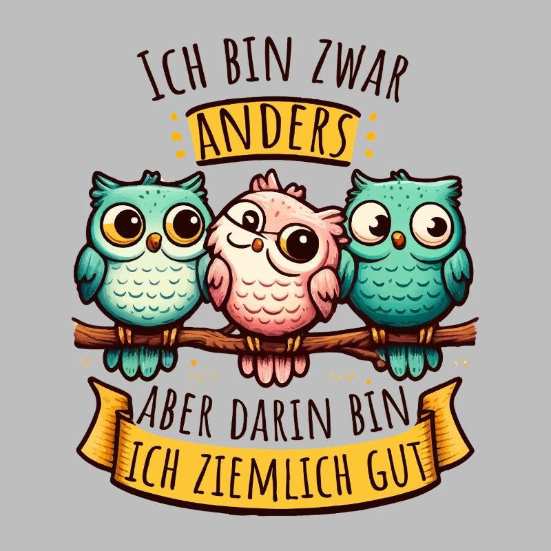 Anderssein Spruch mit bunten Eulen