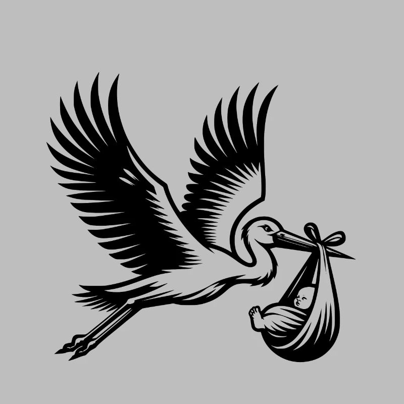 Cigogne avec bébé dans son bec - symbole de la naissance