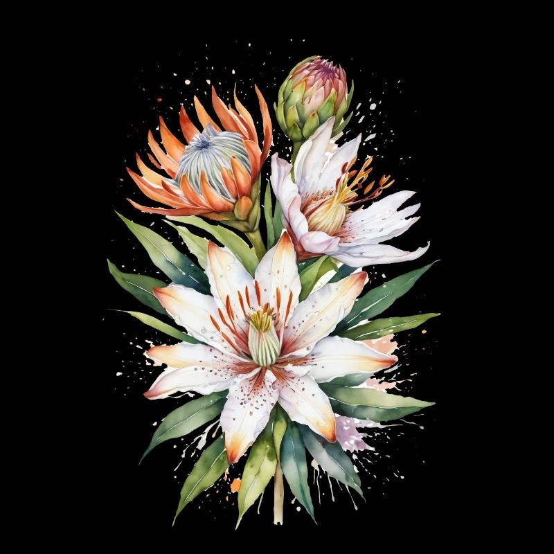 Lys asiatiques et fleurs de Protea Art de l’aquarelle