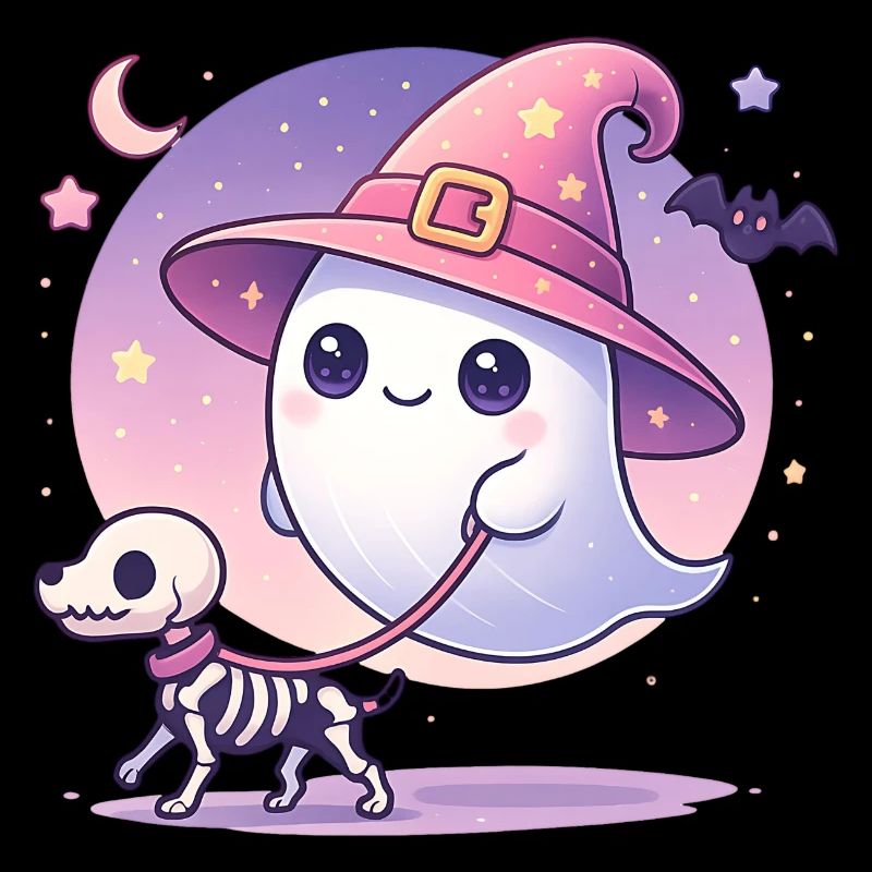 Pink Witch Ghost with Skeleton Dog – Halloween