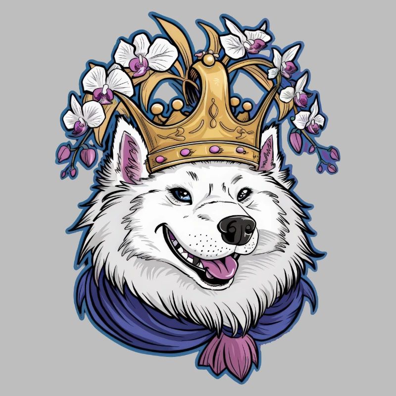 Dessin animé Spitz Samoyède avec orchidées et couronne