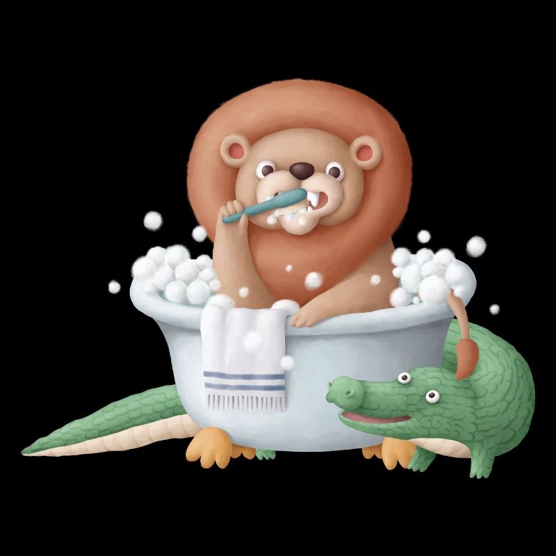 Netter Löwe in der Badewanne mit Krokodil