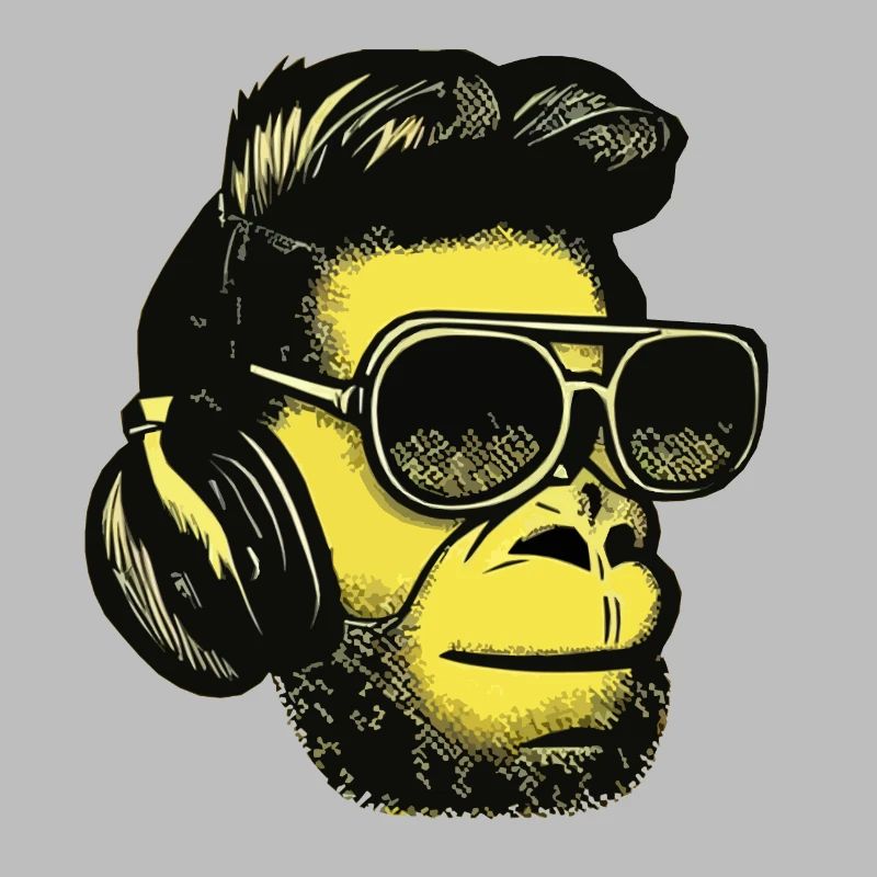 Affe hört Musik mit Kopfhörern