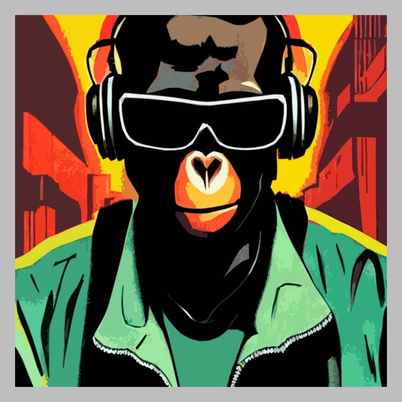 Affe hört Musik mit Kopfhörern