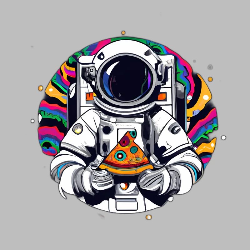 Astronaute funky dans l’espace avec une pizza