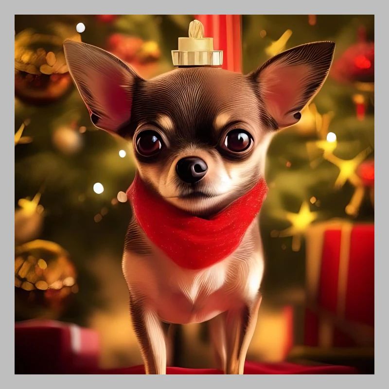Chihuahua mit Weihnachtskrone und Geschenken