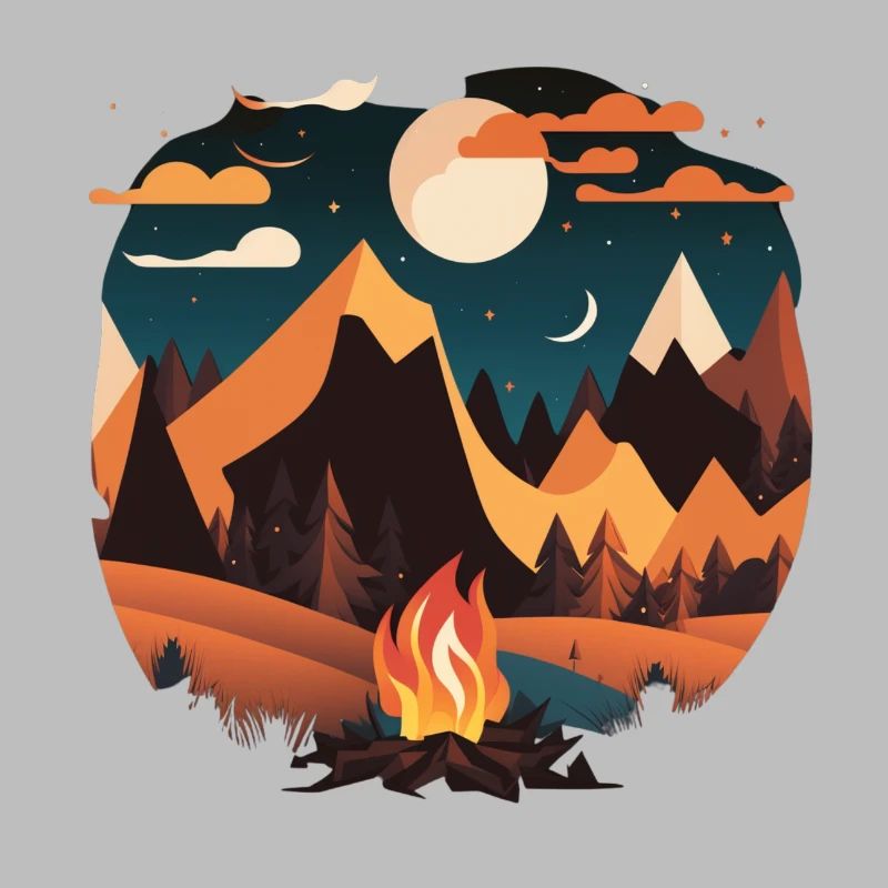 Camping au clair de lune avec feu de camp