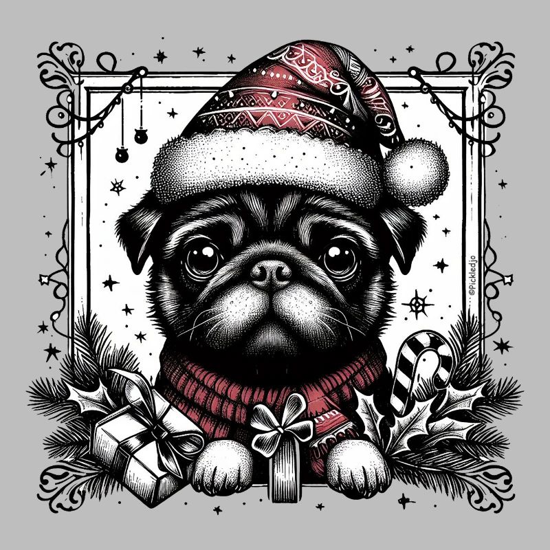 Goth pug in santa hat