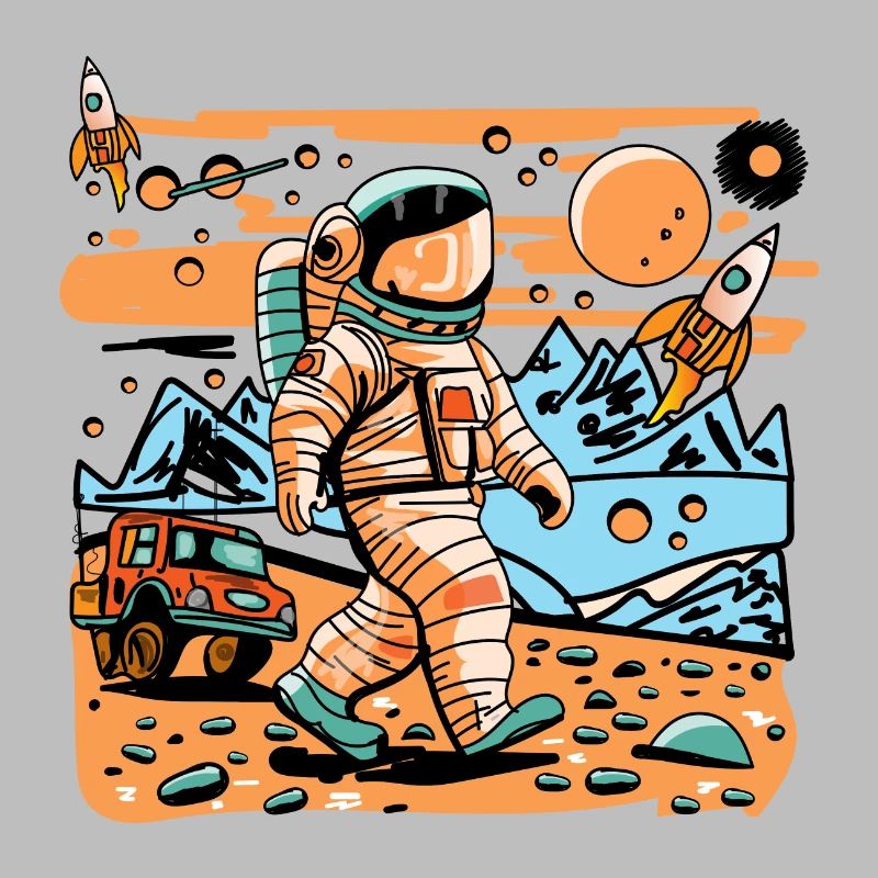 Astronaute de l’espace marchant dans une planète extraterrestre et une fusée