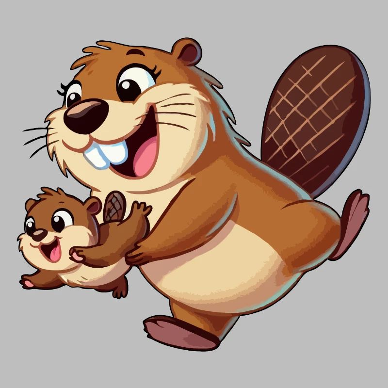 Bibermutter mit herumtollendem Kind