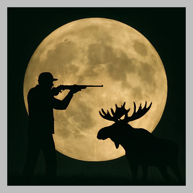 Hunter and moose in full moon