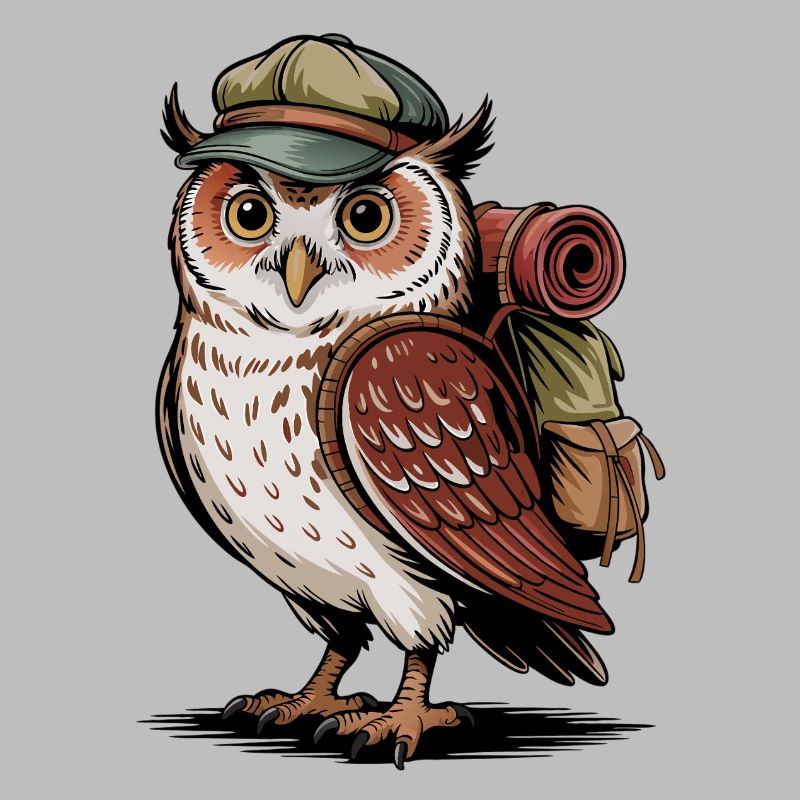 Forest hiker owl with backpack