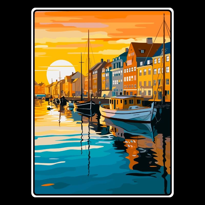 Copenhague, Danemark, Coucher de soleil, Port, Illustration
