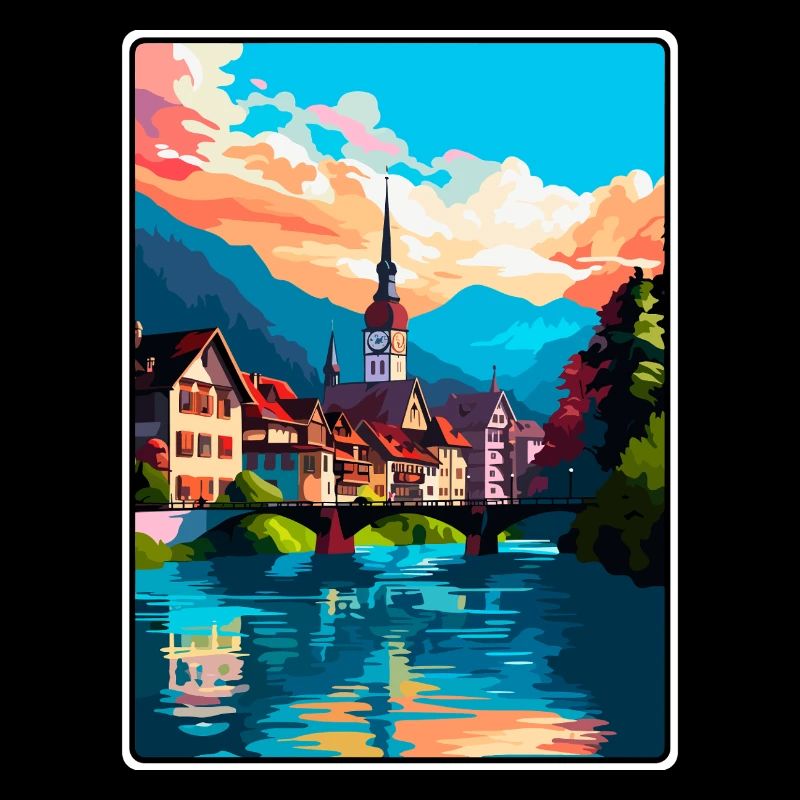 Thoune, Suisse, Alpine, Riverside, Townscape, Affiche