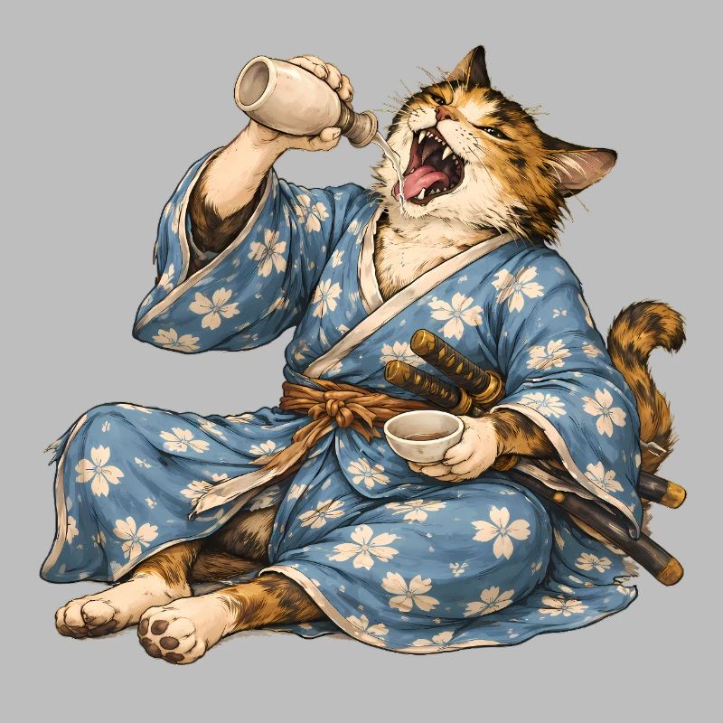 Samurai Cat Sake Japanese Ukiyo-e Style