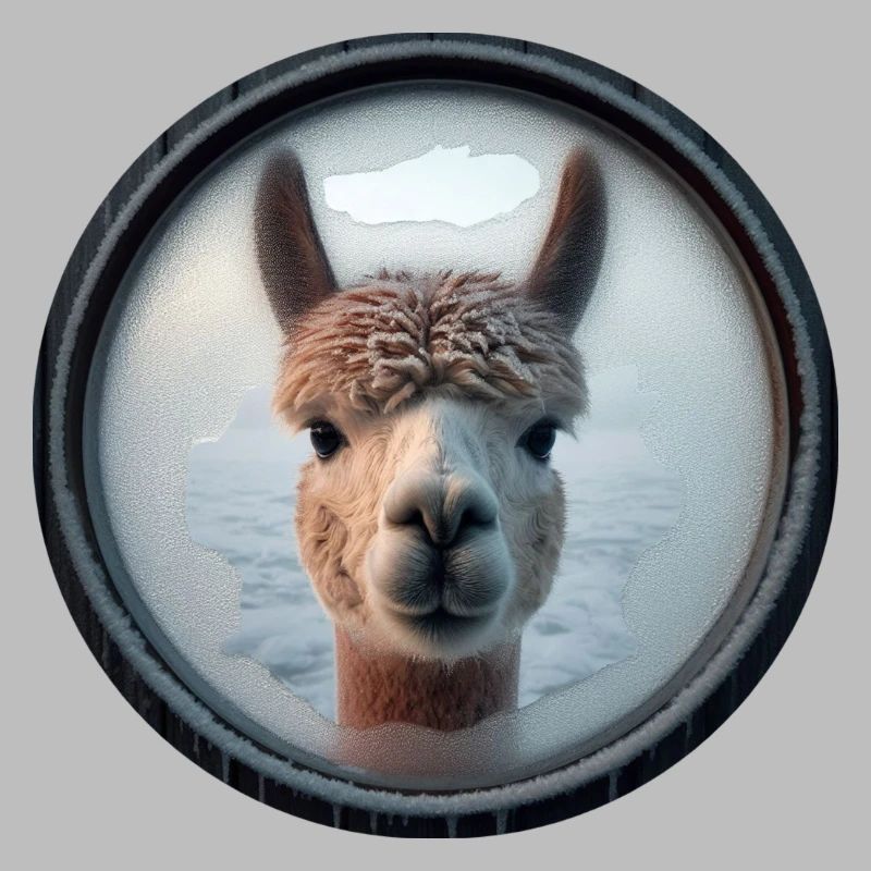 Alpaca looking through a window