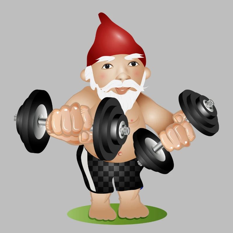 Bodybuilder garden gnome with dumbbells while exercising