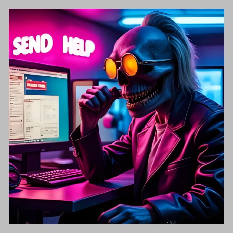 Cyberpunk Neon-Skull Hacker Send Help Design