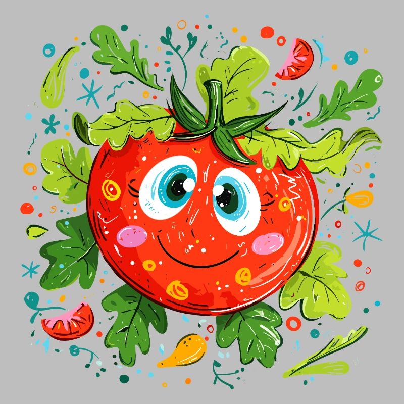 Cheerful tomato in green pattern