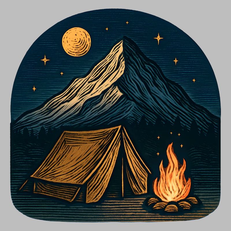 Mountain camping at night with fire