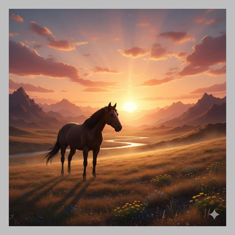 Cheval du coucher de soleil dans la vallée montagneuse