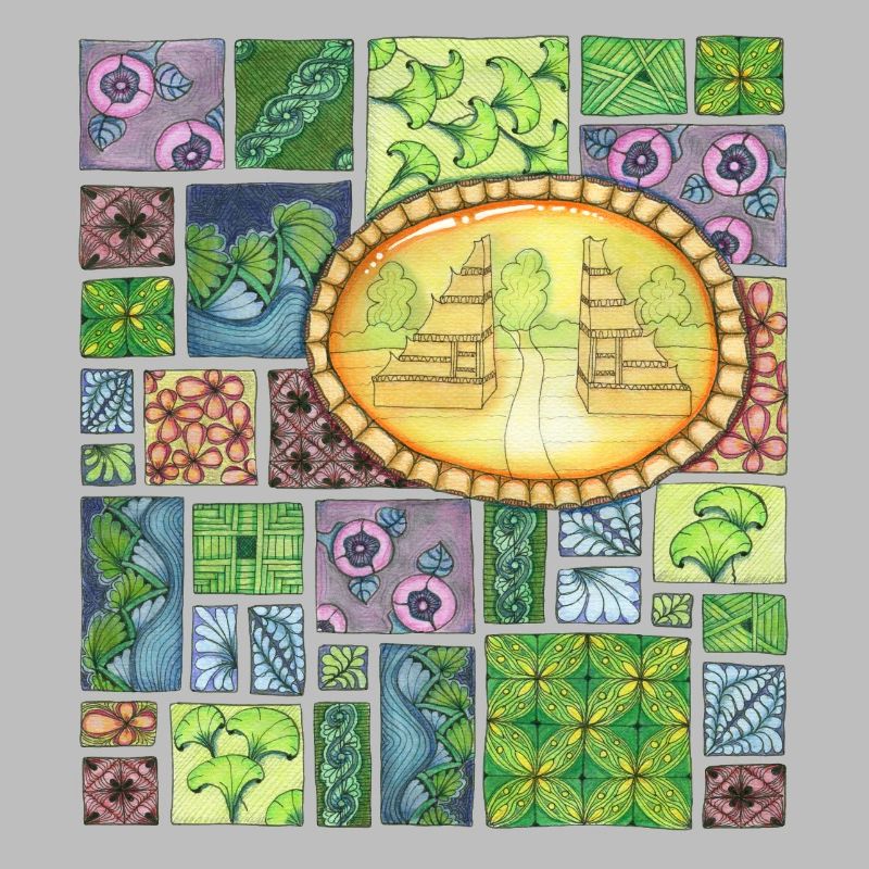 Temple de Bali sur patchwork de motifs