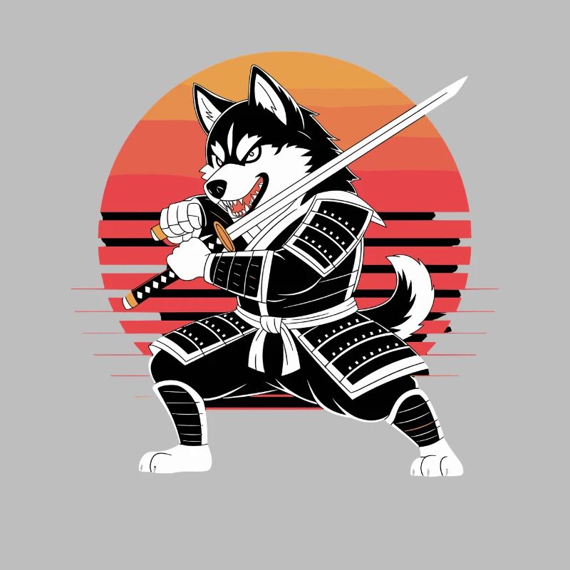  Husky Samurai Krieger Mit Katana Vor Retro